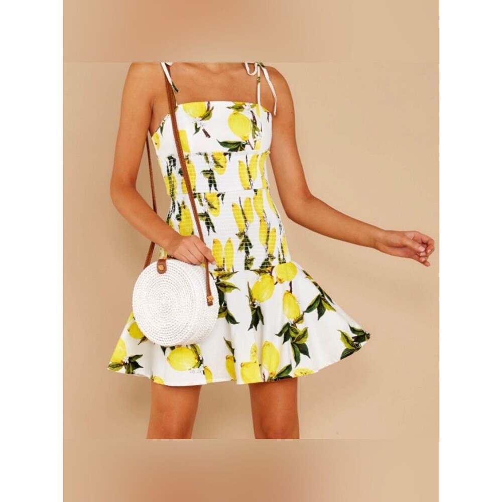 English Factory Lemon Tie Shoulder Shirred Dress